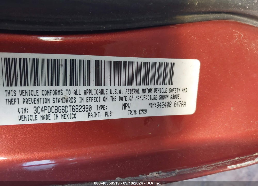 2013 DODGE JOURNEY SXT VIN: 3C4PDCBG6DT682390