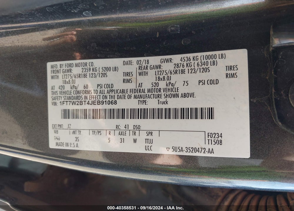 2018 FORD F-250 VIN: 1FT7W2BT4JEB91068