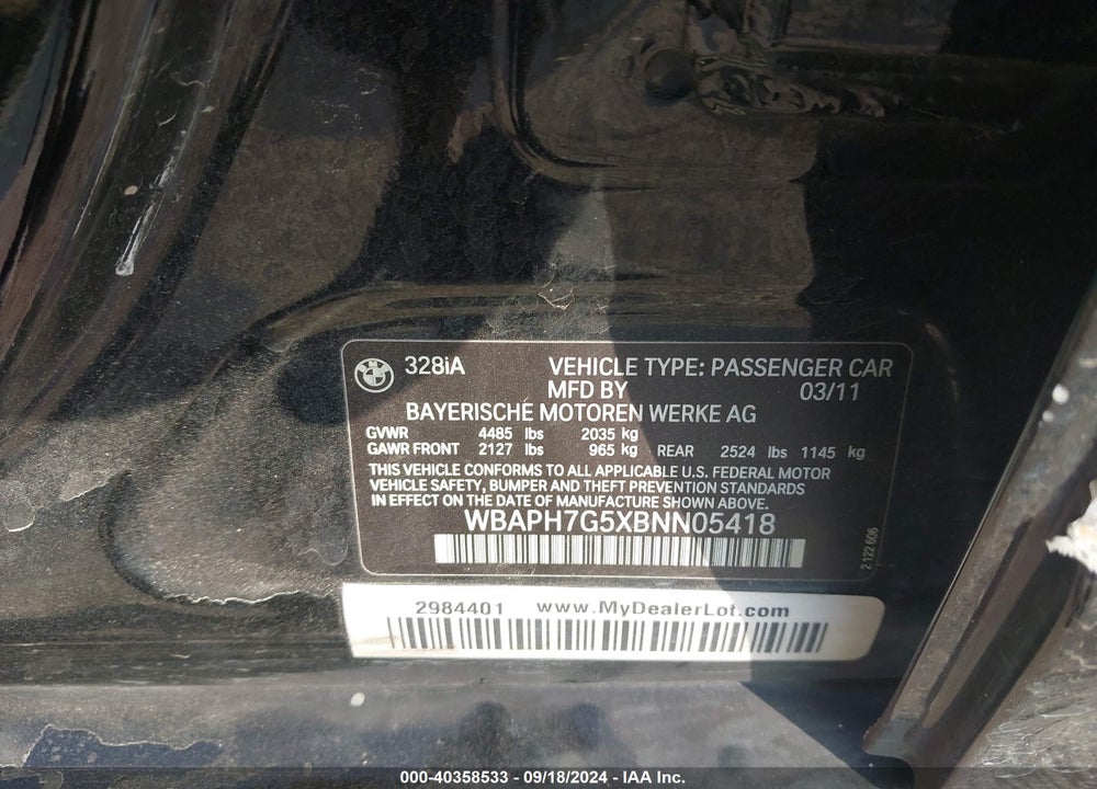 2011 BMW 328I VIN: WBAPH7G5XBNN05418