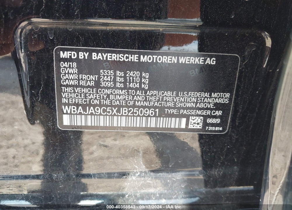 2018 BMW 530E IPERFORMANCE VIN: WBAJA9C5XJB250961