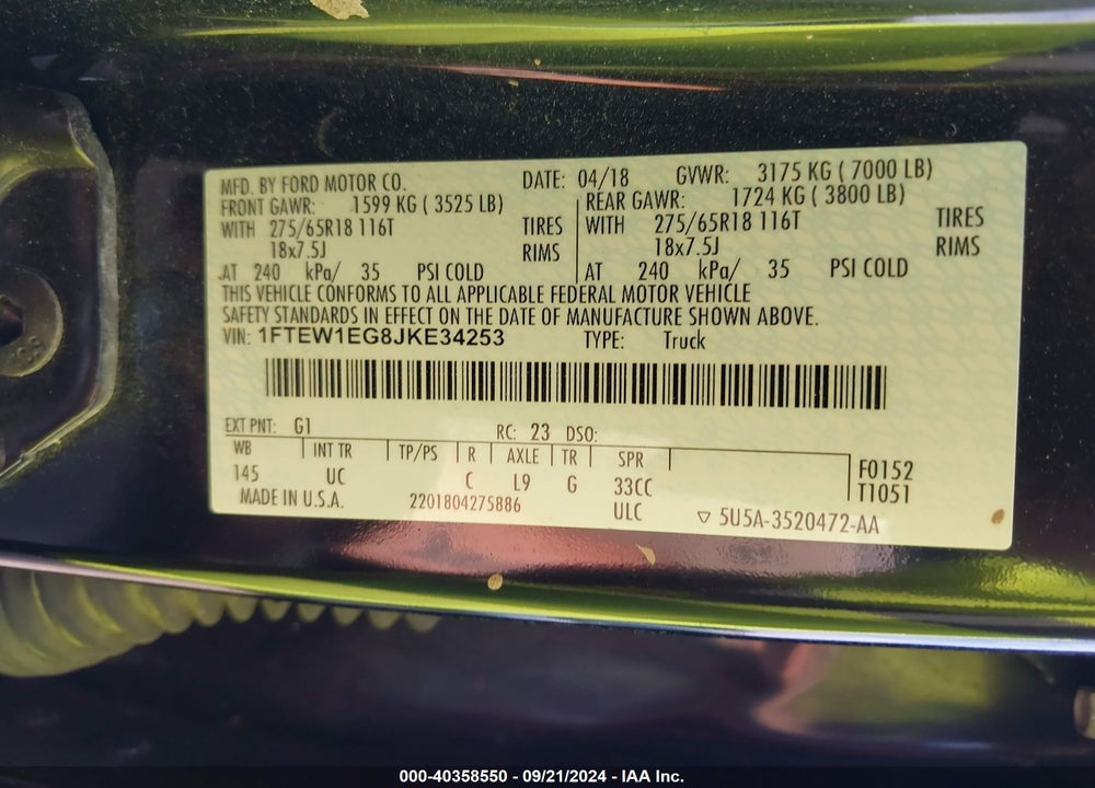 2018 FORD F-150 XLT VIN: 1FTEW1EG8JKE34253