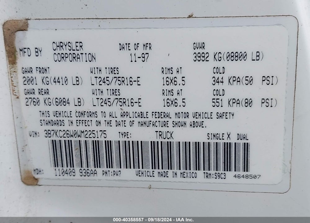 1998 DODGE RAM 2500 ST VIN: 3B7KC26W0WM225175
