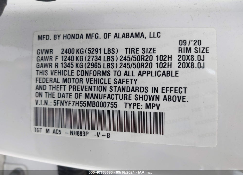 2021 HONDA PASSPORT 2WD EX-L VIN: 5FNYF7H55MB000755