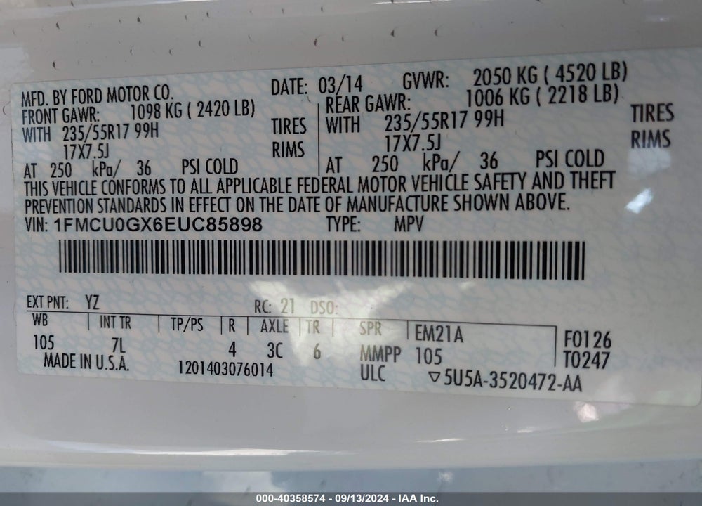 2014 FORD ESCAPE SE VIN: 1FMCU0GX6EUC85898