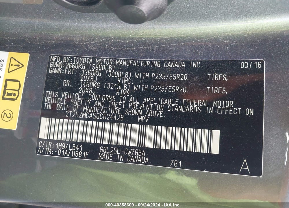 2016 LEXUS RX 350 VIN: 2T2BZMCA5GC024428