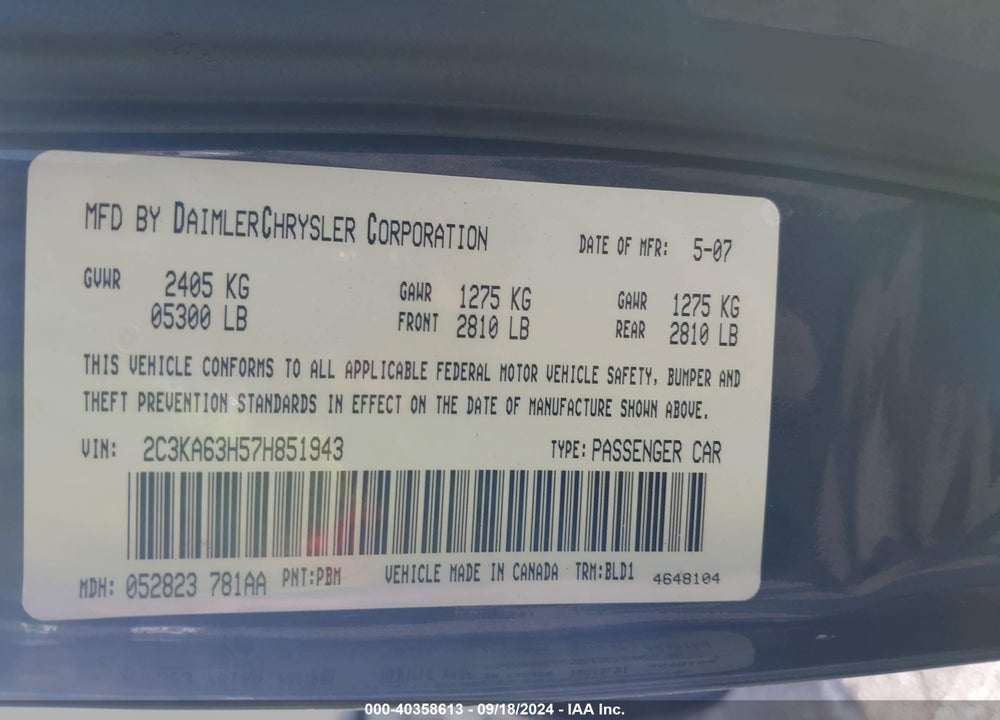 2007 CHRYSLER 300C VIN: 2C3KA63H57H851943