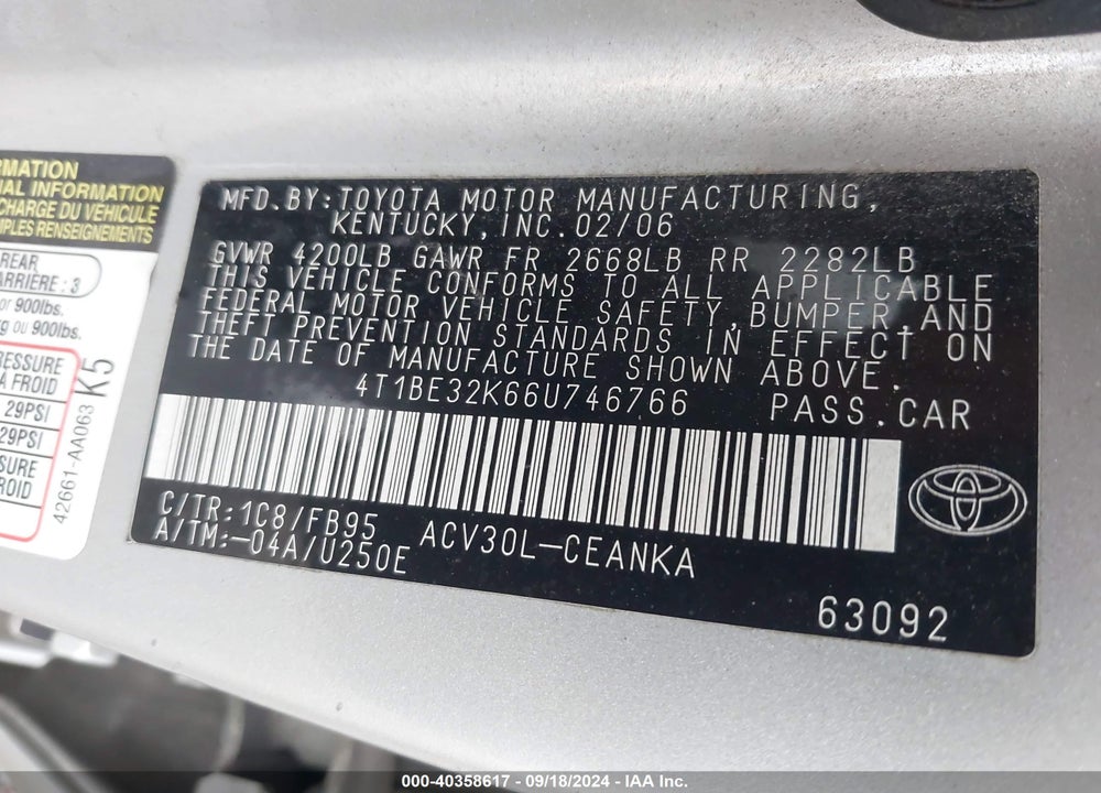 2006 TOYOTA CAMRY STD/ VIN: 4T1BE32K66U746766