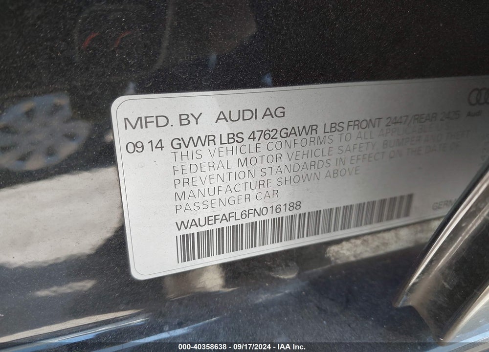 2015 AUDI A4 2.0T PREMIUM VIN: WAUEFAFL6FN016188