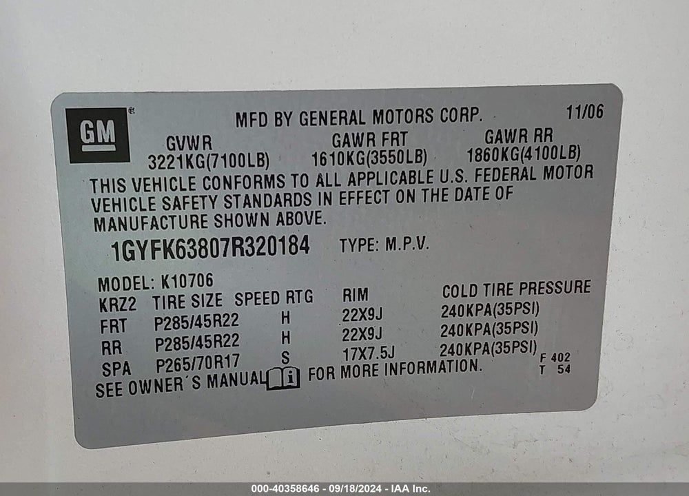 2007 CADILLAC ESCALADE STANDARD VIN: 1GYFK63807R320184