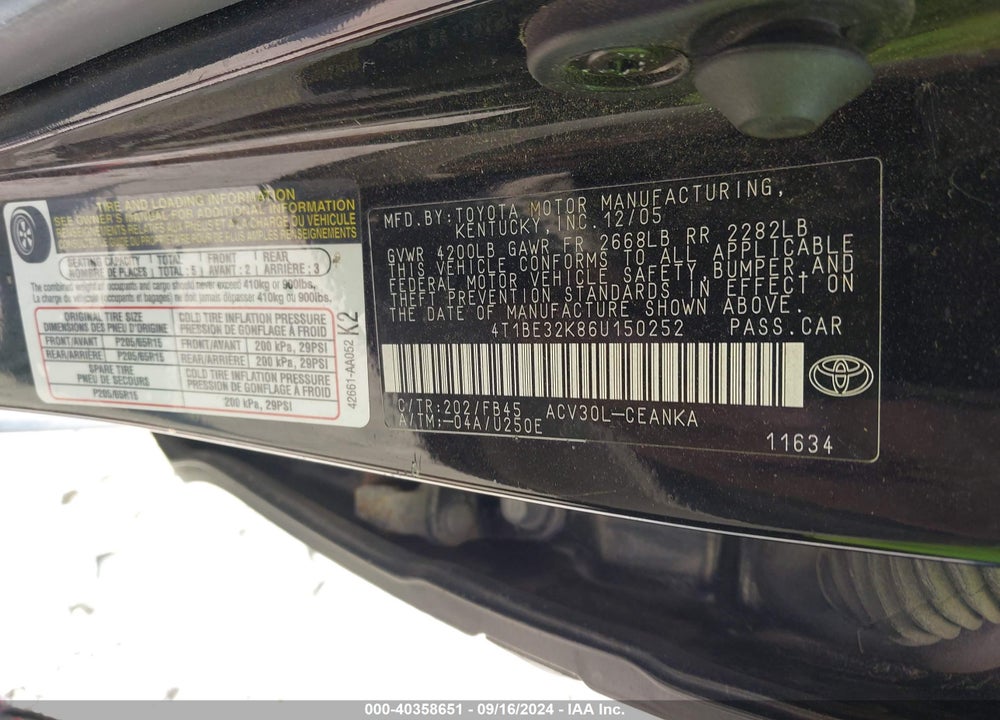 2006 TOYOTA CAMRY LE VIN: 4T1BE32K86U150252