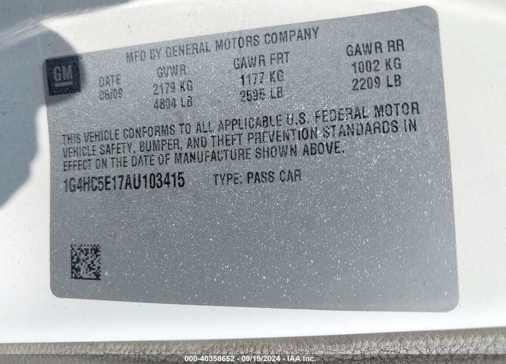 2010 BUICK LUCERNE CXL VIN: 1G4HC5E17AU103415