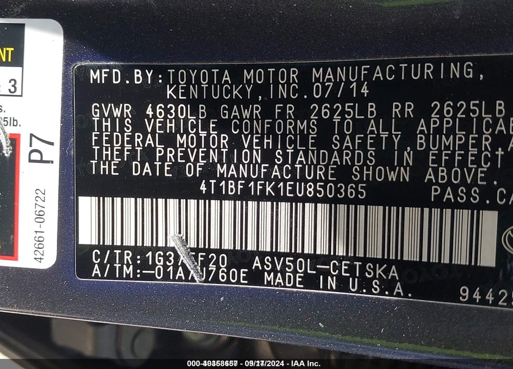 2014 TOYOTA CAMRY SE VIN: 4T1BF1FK1EU850365