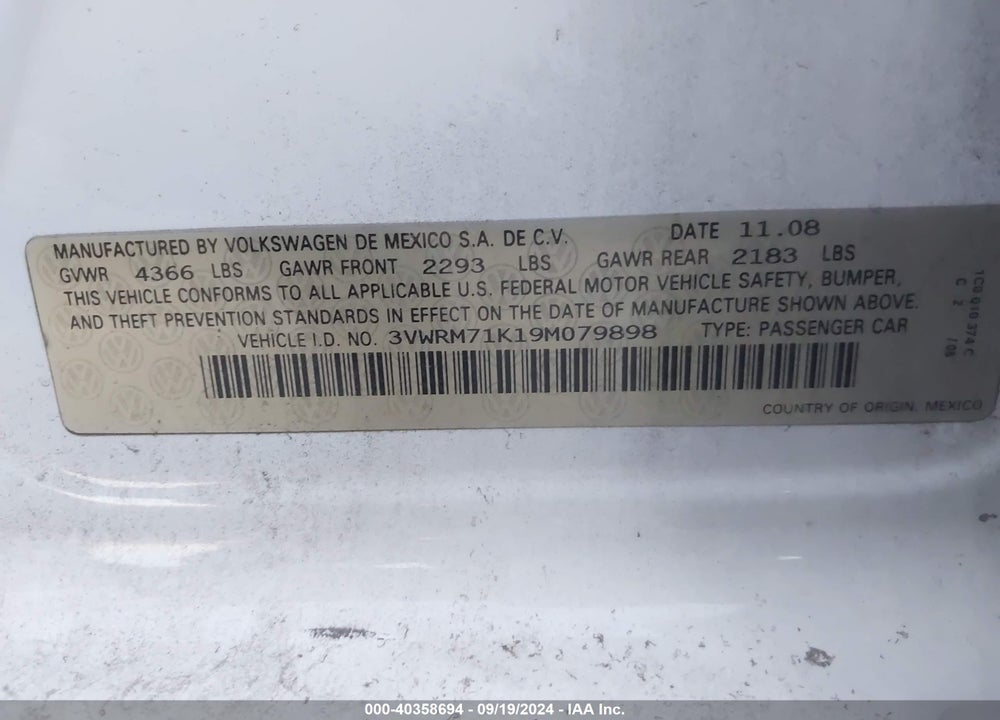 2009 VOLKSWAGEN JETTA SE VIN: 3VWRM71K19M079898