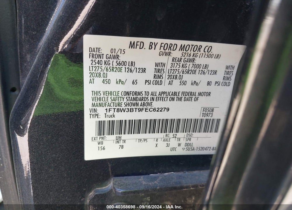 2015 FORD F-350 LARIAT VIN: 1FT8W3BT9FEC62279