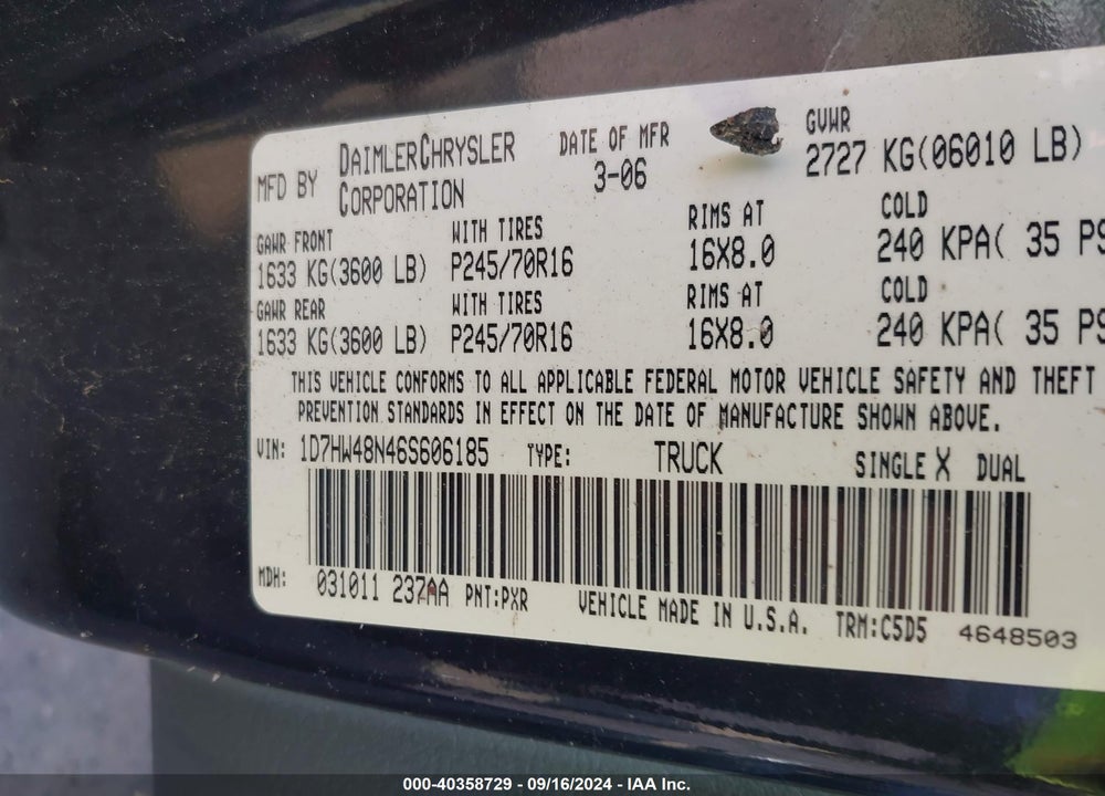 2006 DODGE DAKOTA SLT VIN: 1D7HW48N46S606185