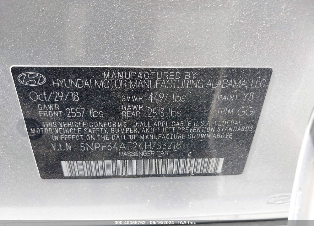 2019 HYUNDAI SONATA SEL VIN: 5NPE34AF2KH753218