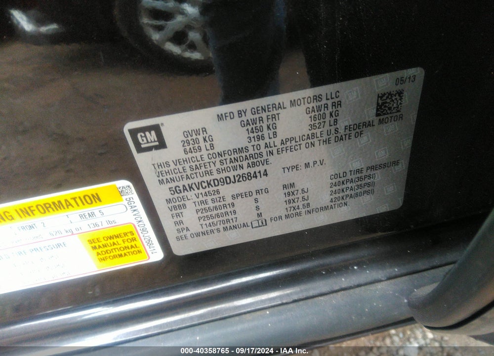 2013 BUICK ENCLAVE LEATHER VIN: 5GAKVCKD9DJ268414