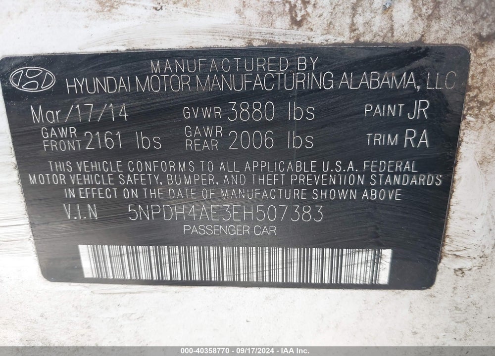 2014 HYUNDAI ELANTRA SE VIN: 5NPDH4AE3EH507383