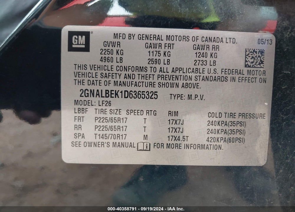 2013 CHEVROLET EQUINOX LS VIN: 2GNALBEK1D6365325