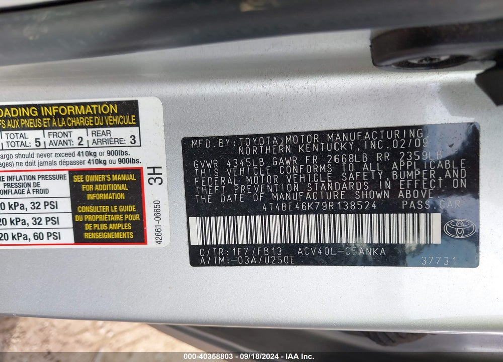 2009 TOYOTA CAMRY LE VIN: 4T4BE46K79R138524