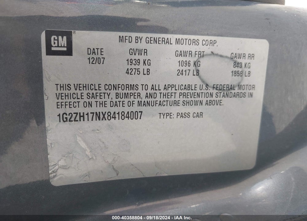 2008 PONTIAC G6 GT VIN: 1G2ZH17NX84184007