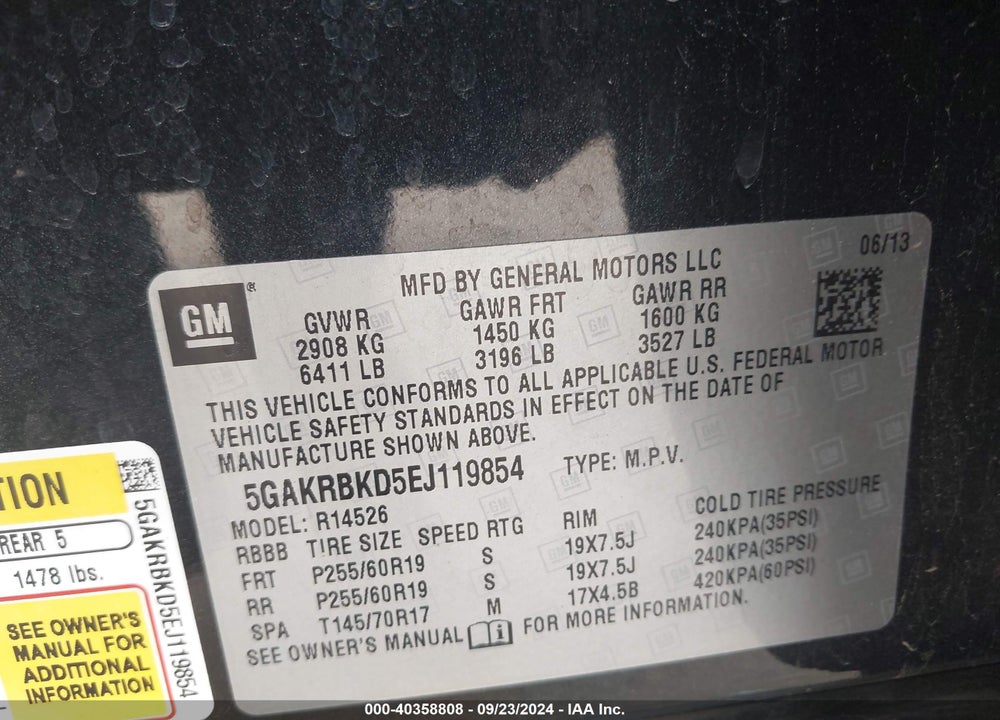 2014 BUICK ENCLAVE LEATHER VIN: 5GAKRBKD5EJ119854