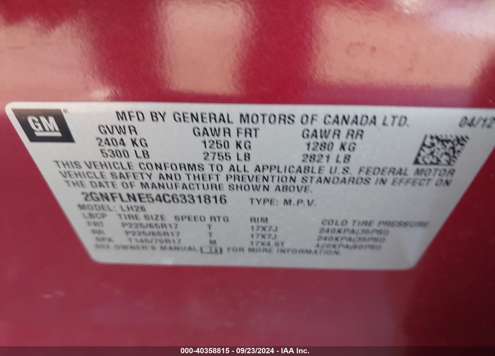 2012 CHEVROLET EQUINOX 2LT VIN: 2GNFLNE54C6331816