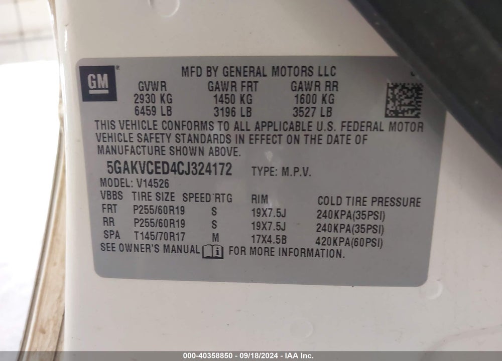 2012 BUICK ENCLAVE LEATHER VIN: 5GAKVCED4CJ324172