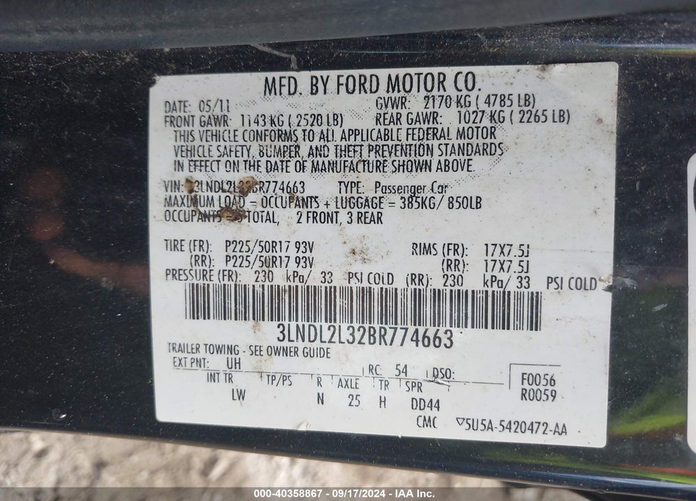 2011 LINCOLN MKZ HYBRID VIN: 3LNDL2L32BR774663