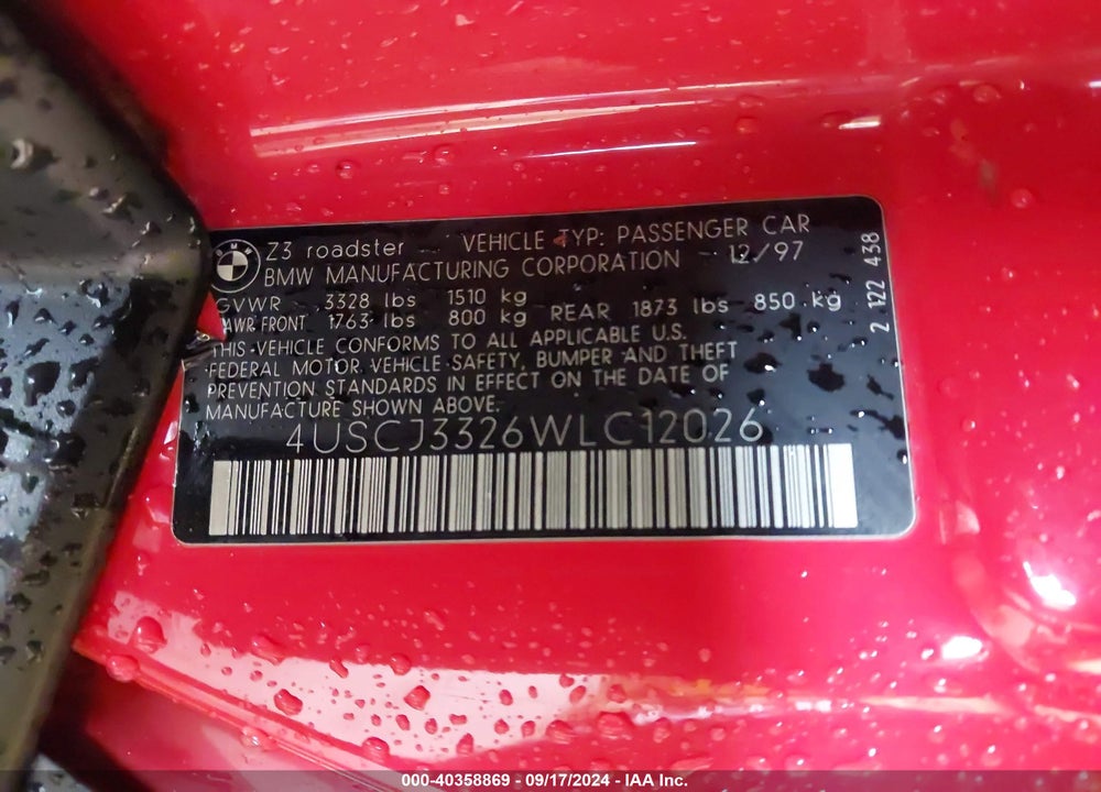 1998 BMW Z3 2.8 VIN: 4USCJ3326WLC12026