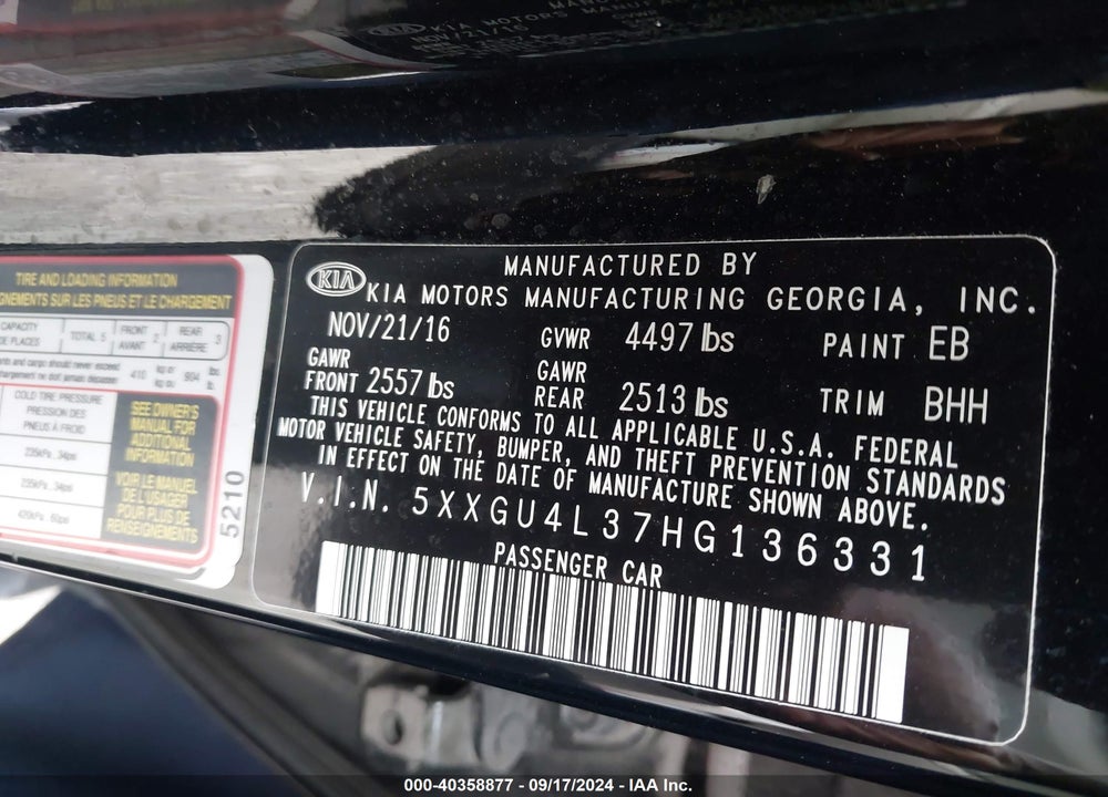 2017 KIA OPTIMA EX VIN: 5XXGU4L37HG136331