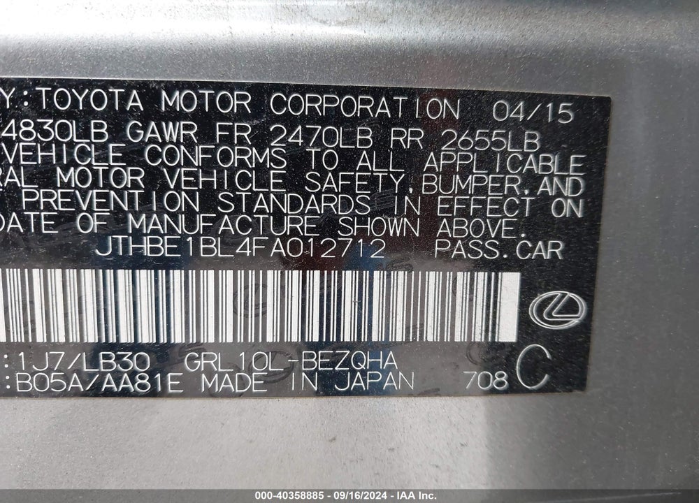 2015 LEXUS GS 350 VIN: JTHBE1BL4FA012712