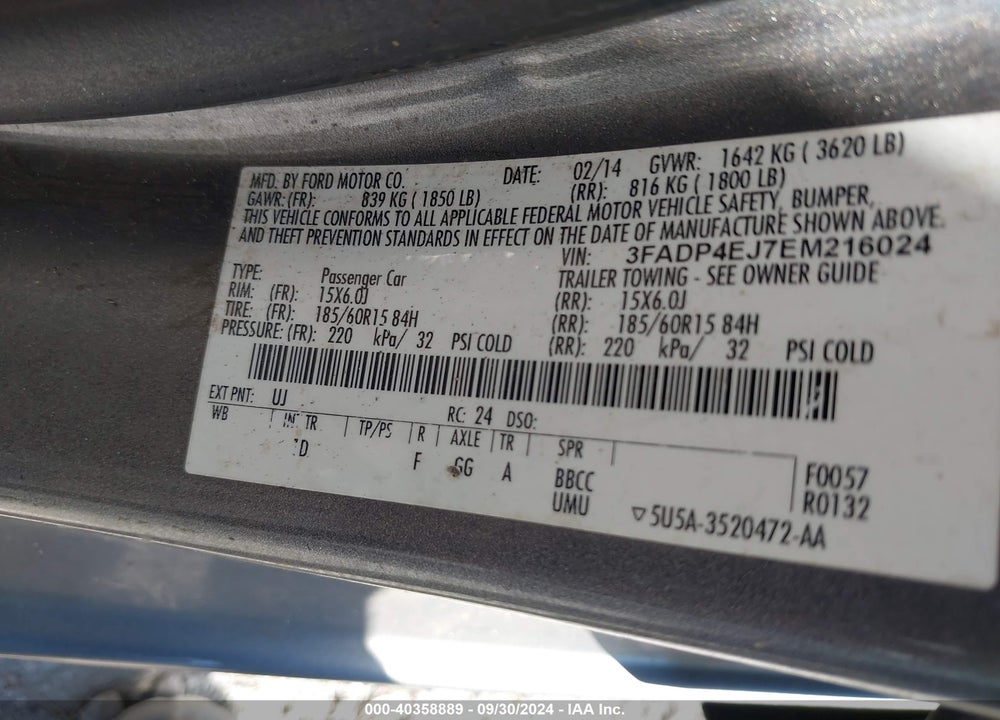 2014 FORD FIESTA SE VIN: 3FADP4EJ7EM216024