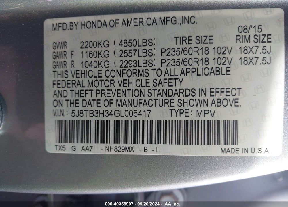 2016 ACURA RDX WATCH PLUS PKG VIN: 5J8TB3H34GL006417