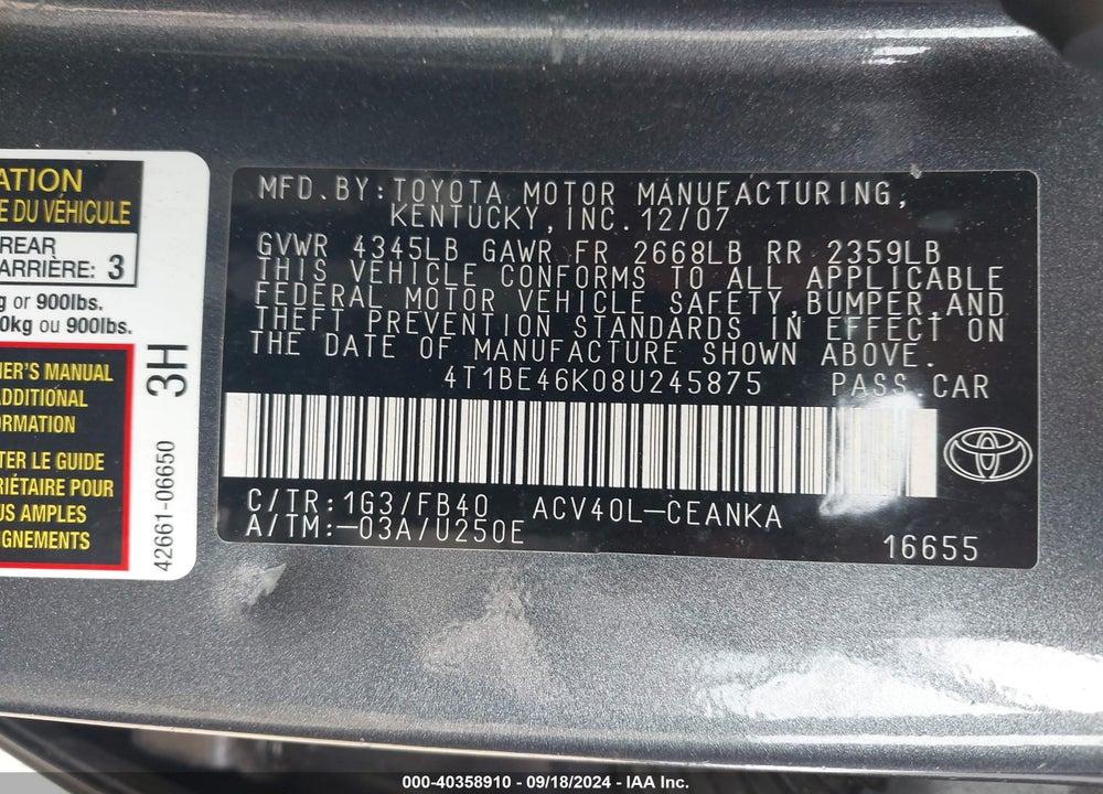2008 TOYOTA CAMRY LE VIN: 4T1BE46K08U245875