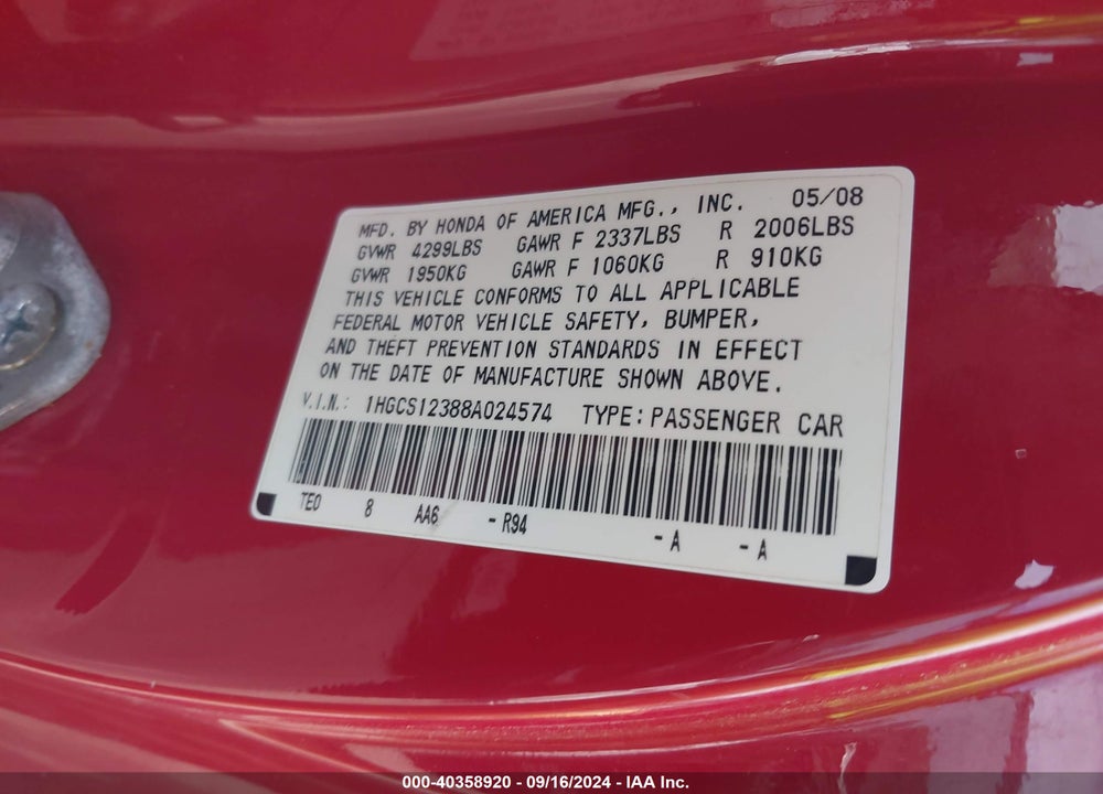 2008 HONDA ACCORD 2.4 LX-S VIN: 1HGCS12388A024574
