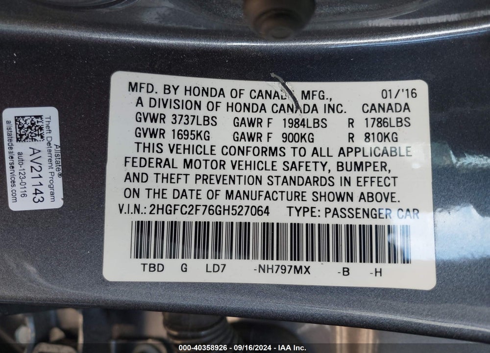 2016 HONDA CIVIC EX VIN: 2HGFC2F76GH527064