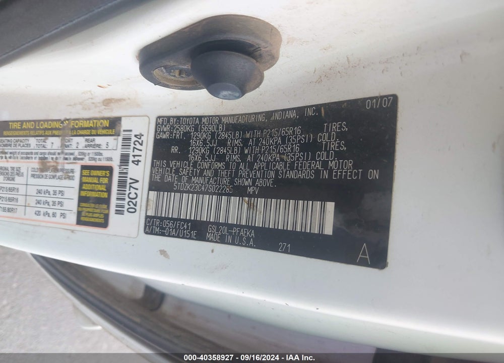 2007 TOYOTA SIENNA LE VIN: 5TDZK23C47S022285