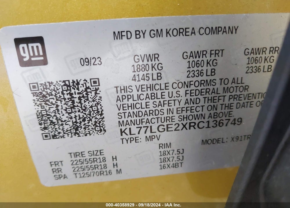 2024 CHEVROLET TRAX FWD 1RS VIN: KL77LGE2XRC136749