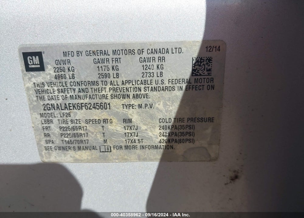 2015 CHEVROLET EQUINOX LS VIN: 2GNALAEK6F6245601