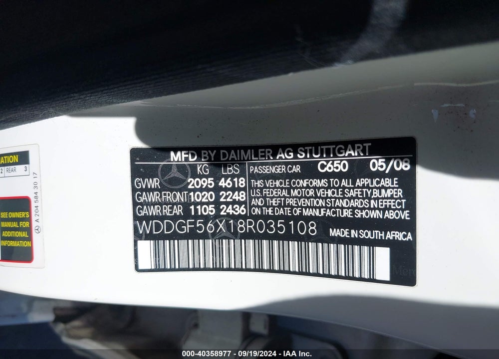 2008 MERCEDES-BENZ C 350 SPORT VIN: WDDGF56X18R035108