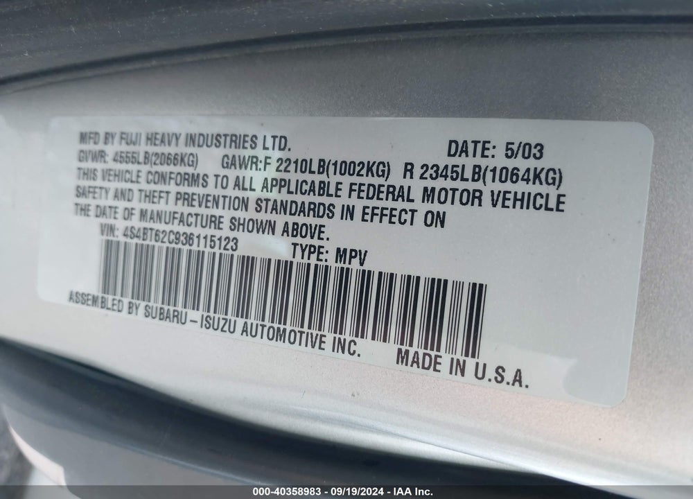 2003 SUBARU BAJA SPORT VIN: 4S4BT62C936115123