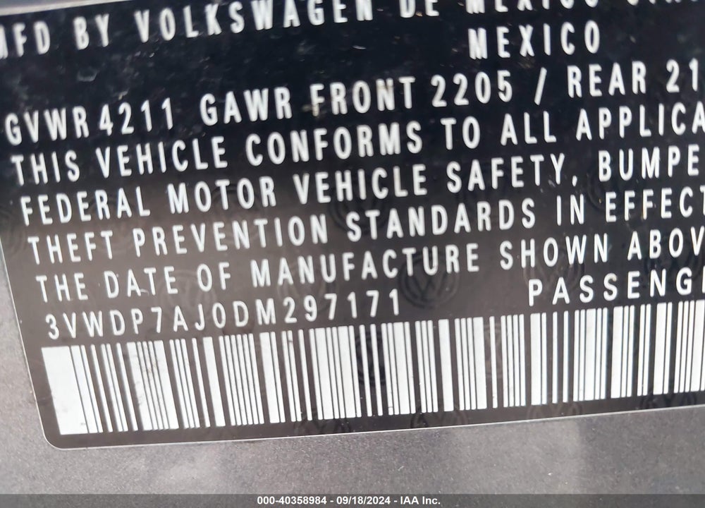 2013 VOLKSWAGEN JETTA 2.5L SE VIN: 3VWDP7AJ0DM297171