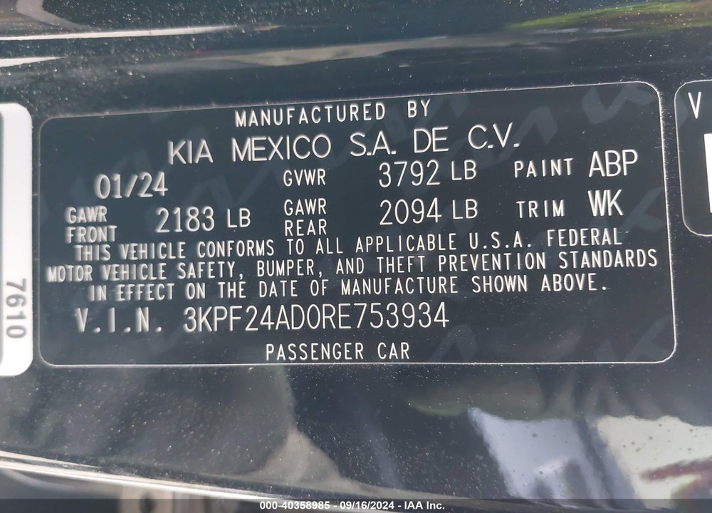 2024 KIA FORTE LXS VIN: 3KPF24AD0RE753934