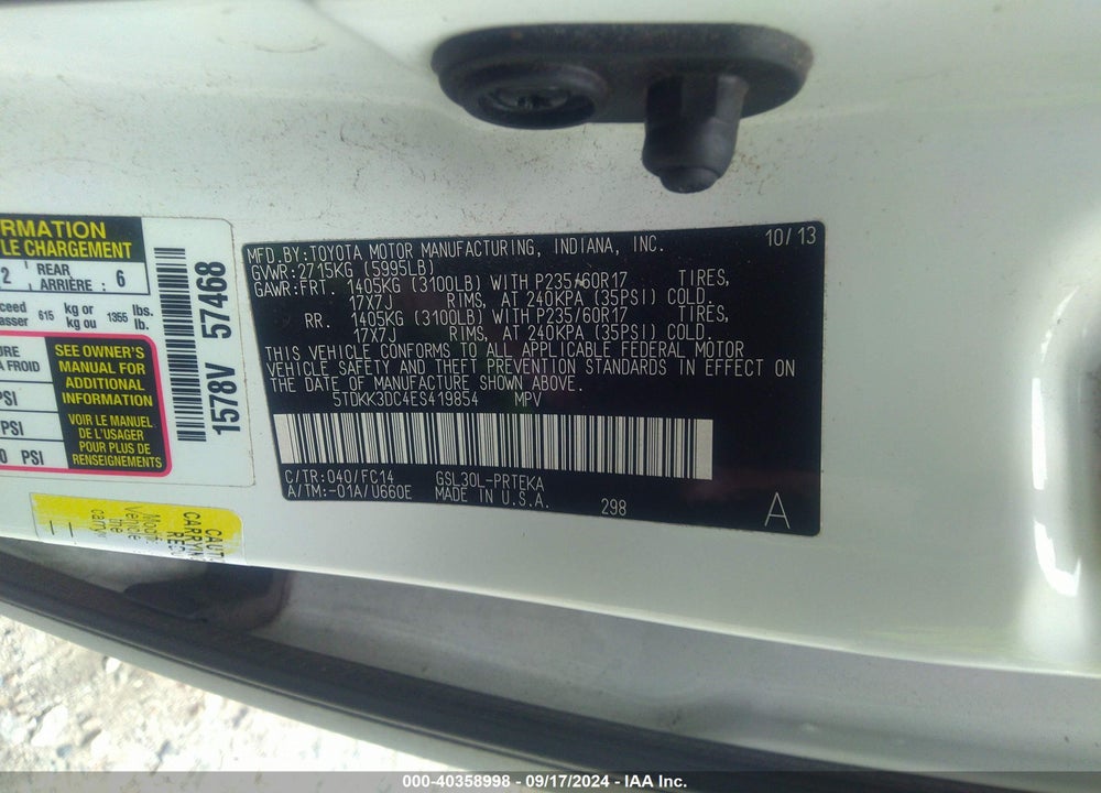 2014 TOYOTA SIENNA LE V6 8 PASSENGER VIN: 5TDKK3DC4ES419854