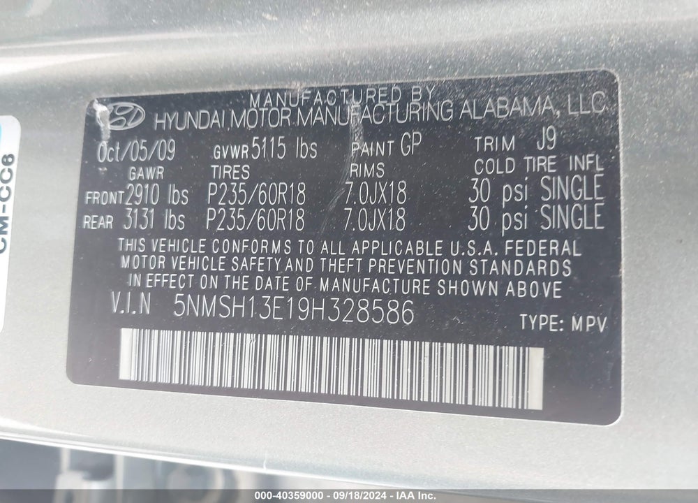 2009 HYUNDAI SANTA FE LIMITED VIN: 5NMSH13E19H328586