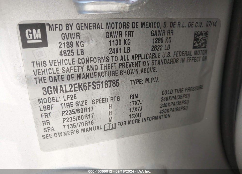 2015 CHEVROLET CAPTIVA SPORT 2LS VIN: 3GNAL2EK6FS518785