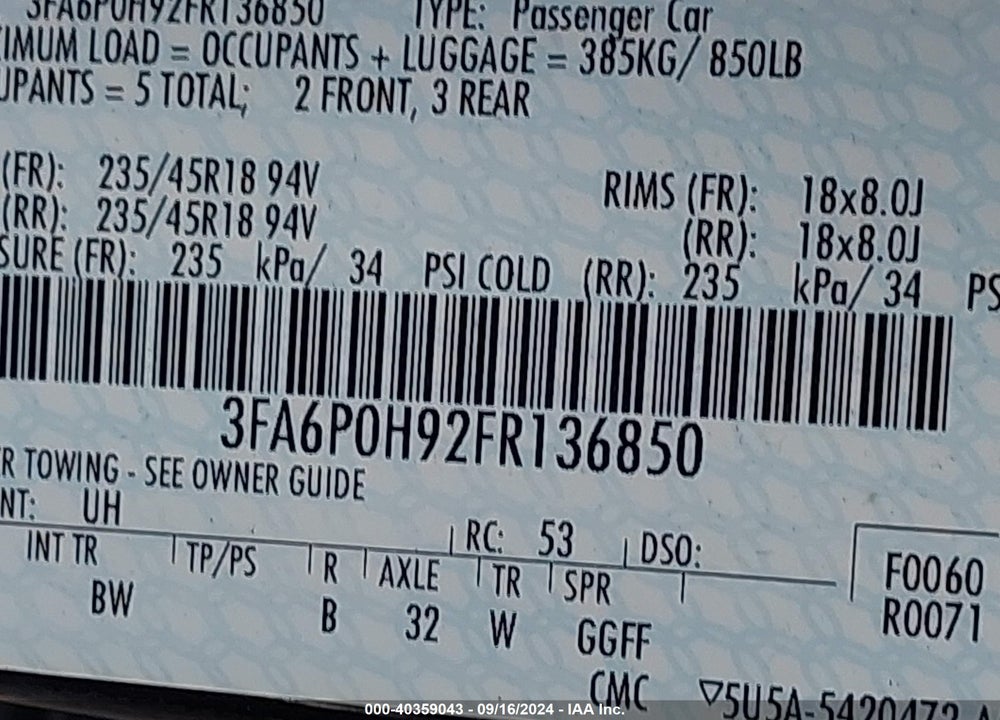 2015 FORD FUSION SE VIN: 3FA6P0H92FR136850