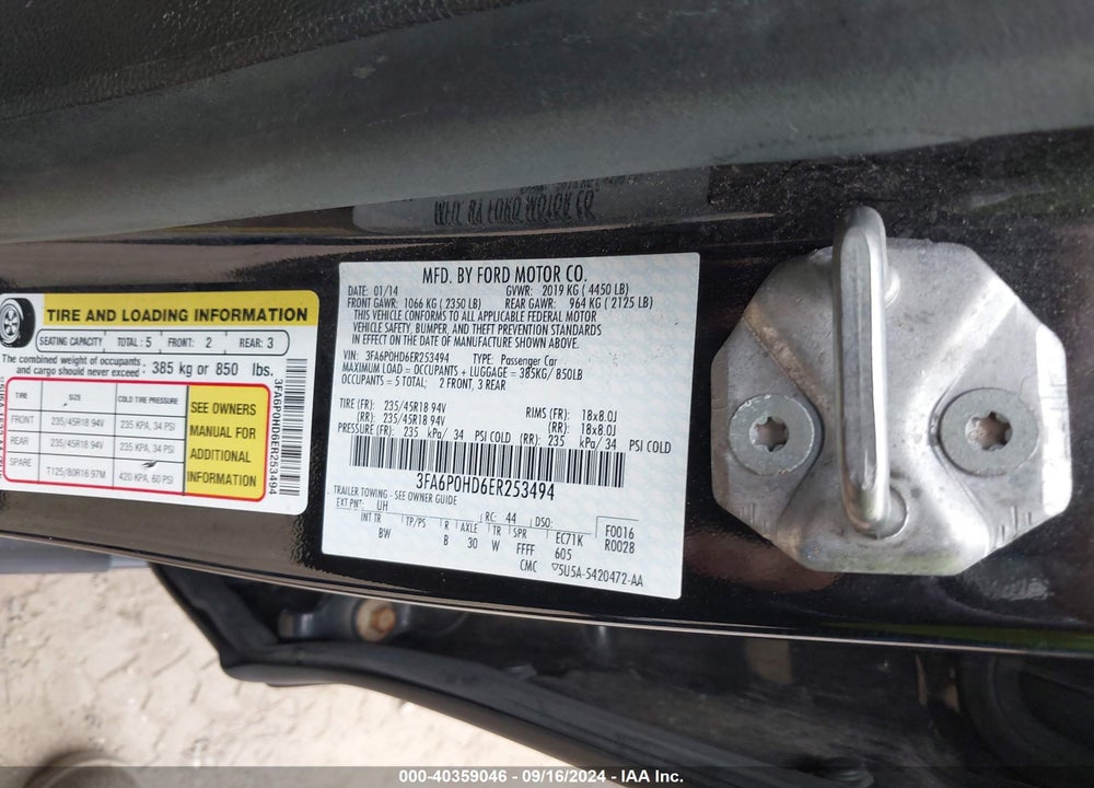 2014 FORD FUSION SE VIN: 3FA6P0HD6ER253494