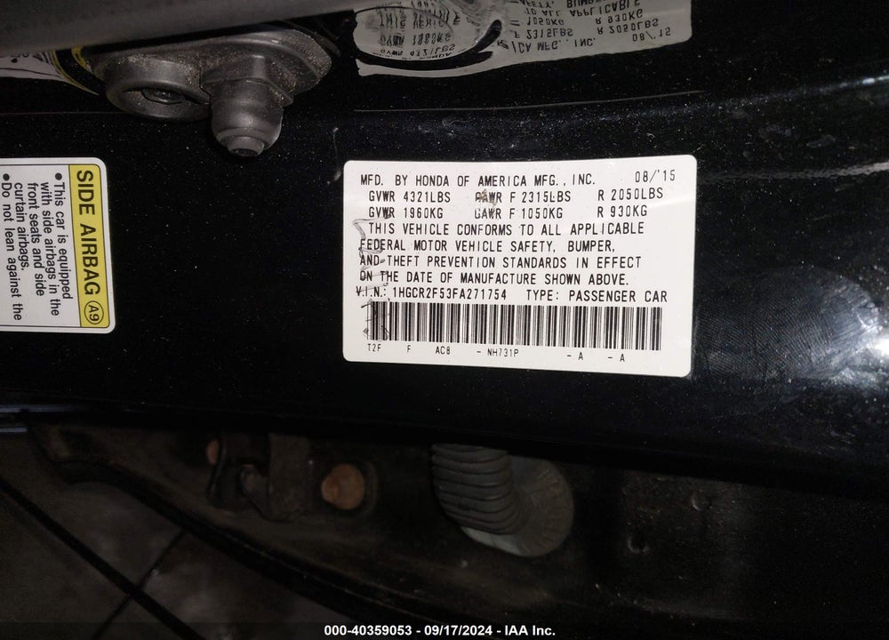 2015 HONDA ACCORD SPORT VIN: 1HGCR2F53FA271754